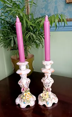 Buy PAIR Of BEAUTIFUL VINTAGE MAJOLICA CANDLE STICK HOLDERS ~ HANDMADE POTTERY 8  • 30£