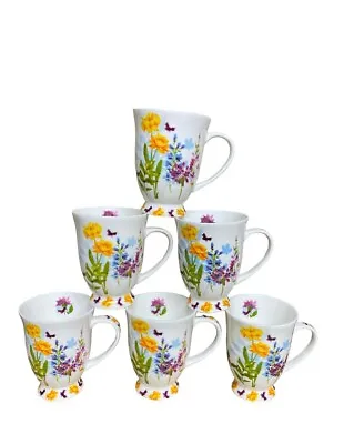 Buy 6 Bright Flower Mugs- Fine Bone China Coffee Cup Set 300ml Meadow Fresh • 23.99£