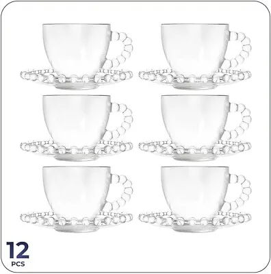 Buy 12 Piece Clear Glass Tea Cup & Saucer Set Coffee Espresso Cappuccino Tea Set • 16.95£