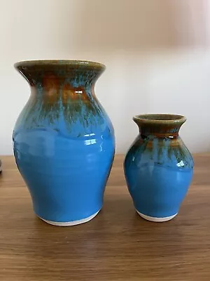 Buy New Handmade Cornish Pendeen Pottery Ceramic Glazed Turquoise Blue Vases X 2 • 29.99£