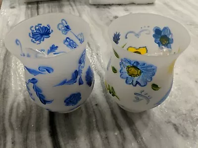 Buy Set Of 2 Hurricane Votive Candle Holder Hand Painted Frosted Glass Vtg.  Flora • 19.29£