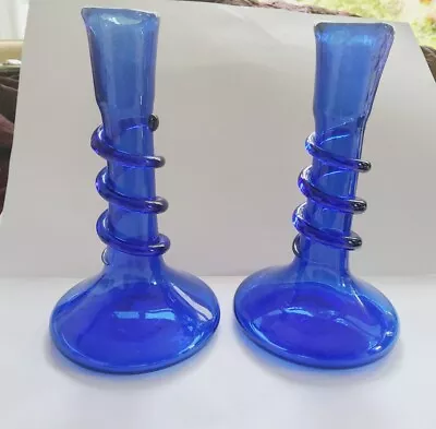 Buy TWO 15cm Antique Quality Cobalt Blue Hand Blown Twisted Glass Candlesticks (3) • 24.99£