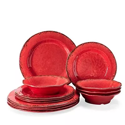 Buy Farmhouse Plates And Bowls Set, 12 Piece Christmas Melamine Dinnerware Sets Red • 58.06£