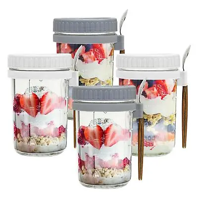 Buy 4 Pack Overnight Oats Container Oatmeal Glass Jars With Lid And Spoon Mason Jars • 14.99£