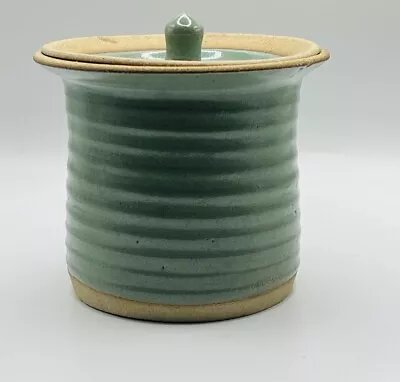 Buy New Green Glazed Ribbed Stoneware Pottery Canister Pot Jar With Lid 4x4.5  • 12.99£