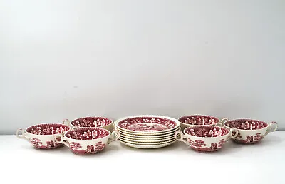 Buy Copeland Spode Pink Tower 6 Two Handle Cream Soup Bowls & 7 Saucers, New Marks • 189.45£