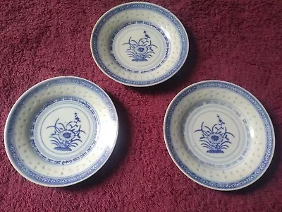 Buy 3 Chinese  Porcelain Rice Grain Blue & White Pattern Rice Bowl Side Plates 150mm • 2.99£