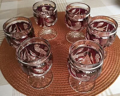 Buy Set (6) Cranberry Glasses Cut To Bird/Leaf Pattern. Sherry Small Wine. • 25£