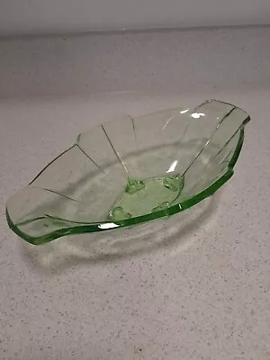 Buy 1920s Art Deco Green Glass Fruit Bowl Centre Piece Depression Glass 30 Cm Long • 19.99£