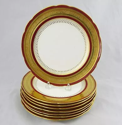 Buy 8 Antique Minton Gold Encrusted & Crimson Dessert Plates 8-3/4  England • 187.01£