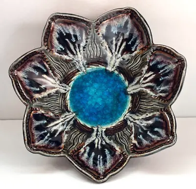 Buy Studio Art Pottery Lotus Flower Shaped Bowl W/ Crackle Glass Centerpiece, Signed • 92.83£