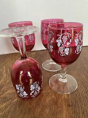 Buy 4 Vintage Cranberry Glass 4oz Wine/cordial With Clear Stems 5 “ Tall • 21.31£