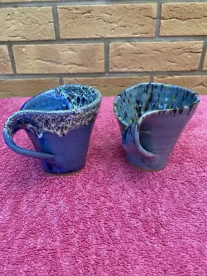 Buy Pair Of Studio Pottery Mugs With Curve/twisted Handles , Navy Pattern Glaze • 14.96£