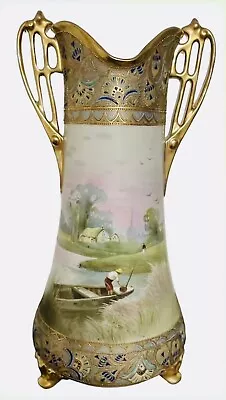 Buy Antique Hand Painted Nippon Old Noritake Huge Scenic Scissor Handle Vase RARE • 626.37£