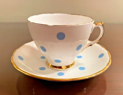 Buy Royal Vale Tea Cup And Saucer White With Blue Polka-Dot , Gold Trim, Bone China • 23.21£
