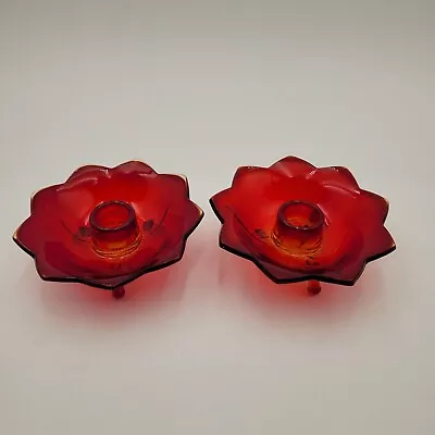 Buy 2 Vintage Fenton Ruby Red & Amberina Lotus Candlestick Holders Cadmium Glow • 18.85£