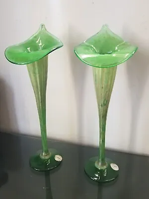 Buy Rare Czech Silver Original Green Glass Vase 12  Pair Jack In The Pulpit  Antique • 237.09£