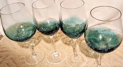 Buy Pier 1 Imports Blue Teal Crackle Glass Wine Glasses Goblets ~ Set Of 4 • 67.24£