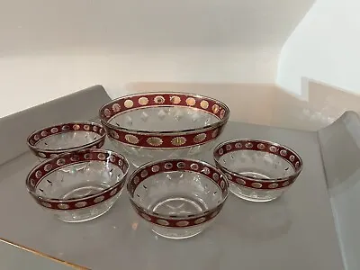 Buy Cranberry Red Gold Cut GLASS DESSERT Bowls & Large Bowl Serve Vintage Italy Retr • 15.99£