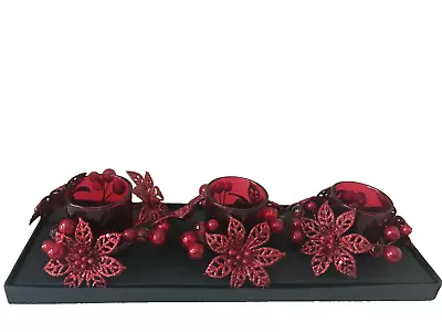 Buy Set Of 3 Tea Light Red Glass With Sparkly Flower Ornaments! • 9.99£