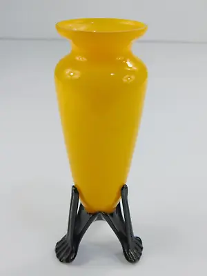 Buy Vintage Czech Bohemian Glass KRALIK Yellow Tango Vase Black Footed Tripod READ! • 62.43£