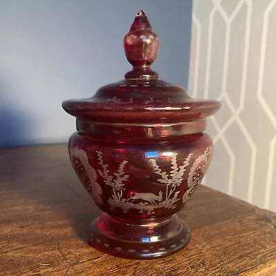 Buy Antique 19th Century Bohemian Cut Ruby Glass Jar Engraved With Landscapes • 30£
