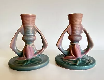 Buy Vintage Roseville Pottery USA Water Lily Pink / Green Candlestick Holder  X 2 • 49.99£
