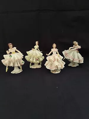 Buy Set Of 4 Vintage Antique German Dresden Porcelain Lace Figurine Dancer/woman • 160.34£