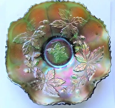 Buy Vintage Fenton Green Carnival Glass Bowl Autum Leaf With Acorns Free P&p To Uk  • 34.99£