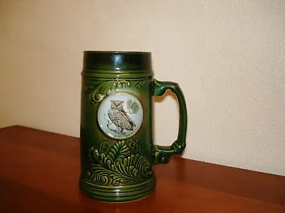 Buy Pottery Embossed Green Tankard With Round Vingnette  Of Owl & Storke • 11£