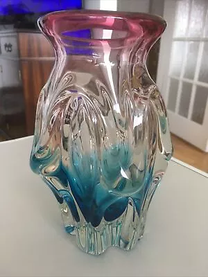 Buy Vintage Heavy Murano? Glass Vase Large Cranberry Pink & Blue • 40£