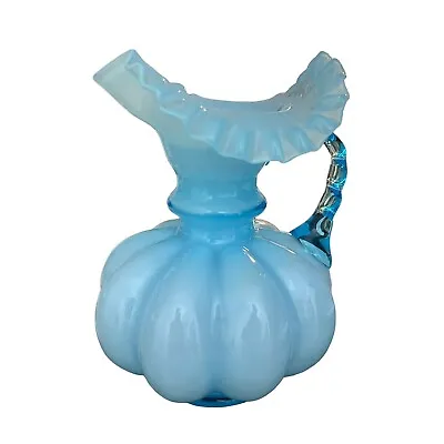 Buy Vintage Fenton Blue Cased Glass Melon Pitcher Vase Crimped Ruffle Edge & Handle • 42.58£