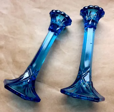 Buy Blue Aqua Glass Candlesticks Depression Pair Vintage Deco Moulded • 29.95£