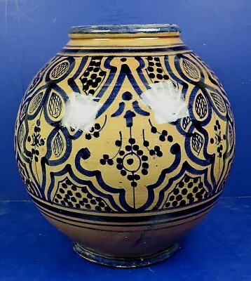 Buy Antique Moroccan Blue Painted Earthenware Pottery Jar – Artist Signed • 47.43£