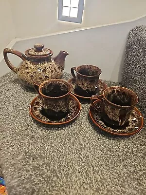 Buy Fosters Pottery Brown Oval Honeycomb Drip Glaze Teapot And 3 Cups And Saucers 🌟 • 15£