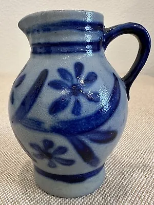 Buy Approx. 4.5  Grey And Blue Pottery Pitcher Unsigned Miniature With Floral Motif • 7.72£