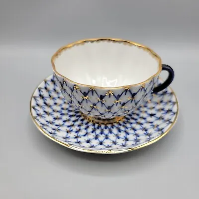 Buy Vintage Lomonosov Porcelain Teacup & Saucer, Made In USSR, Cobalt Blue Fishnet • 73.97£