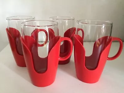 Buy Vintage Set Of 4 Tall Pyrex Drink Ups Mugs Red Plastic Holders • 30£
