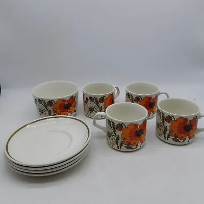 Buy Vintage J.G Meakin Pottery Teacup And Saucers X4 Poppies Sugar Bowl (#H1/14) • 4.99£
