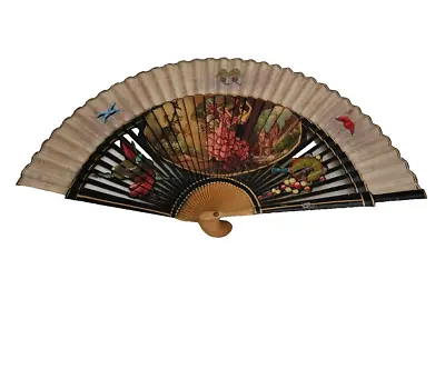 Buy VINTAGE Wooden Spanish Hand Fan Silk Vtg Bull Spanish Lady • 15.99£