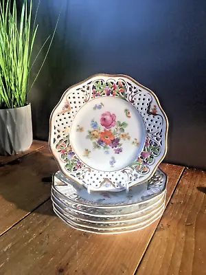 Buy 6 Antique German Schumann Porcelain Floral Sprays Basket Weave Cabinet Plates • 120£