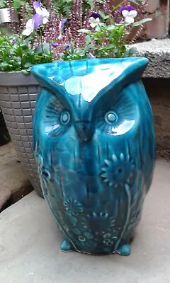 Buy Large Blue / Green Pottery Owl Retro Style 10 Inches High • 12.99£