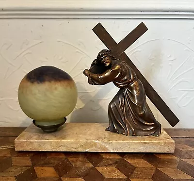 Buy Vintage French Art Deco Table Lamp Jesus Cross Religious Marble Glass Globe 30s • 55£
