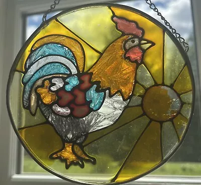 Buy Vtg Stained Glass Rooster 5  Hanging Chicken Window Suncatcher Yellow Red Blue • 12.01£
