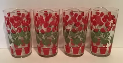 Buy Set Of 4 Vintage Libbey Drinking Glasses Red Potted Tulips 4 5/8” Tall 8 Oz. • 19.27£