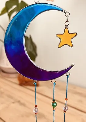 Buy Suncatcher Stained Glass Blue Crescent Moon & Star Hanging Window Decoration New • 16.99£