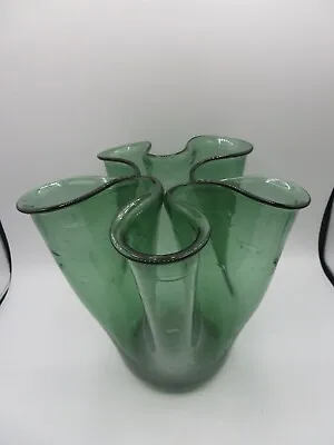 Buy Large Green Hand Blown Controlled Bubbles Handkerchief Ruffled Art Glass Vase • 24£