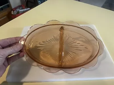 Buy Vintage Pinkish Depression Glass Divided Bowl Scalloped Edge 9.5” Serving Dish • 9.54£