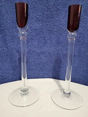 Buy Vintage Hand Blown Candlesticks Red Glass Art, Ruby Red, Art Deco, • 15£