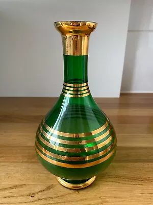 Buy Vintage Bohemia Czech Crystal Glass Green/Gold Stripes Vase W/ Original Sticker • 24£